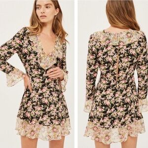 Black Topshop True Romance Floral Ruffle Tea Dress sz 10